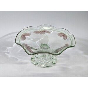 VINTAGE Blown Glass Encased Pink‎ Floral Wavy Footed Compote Fruit Bowl Art EUC